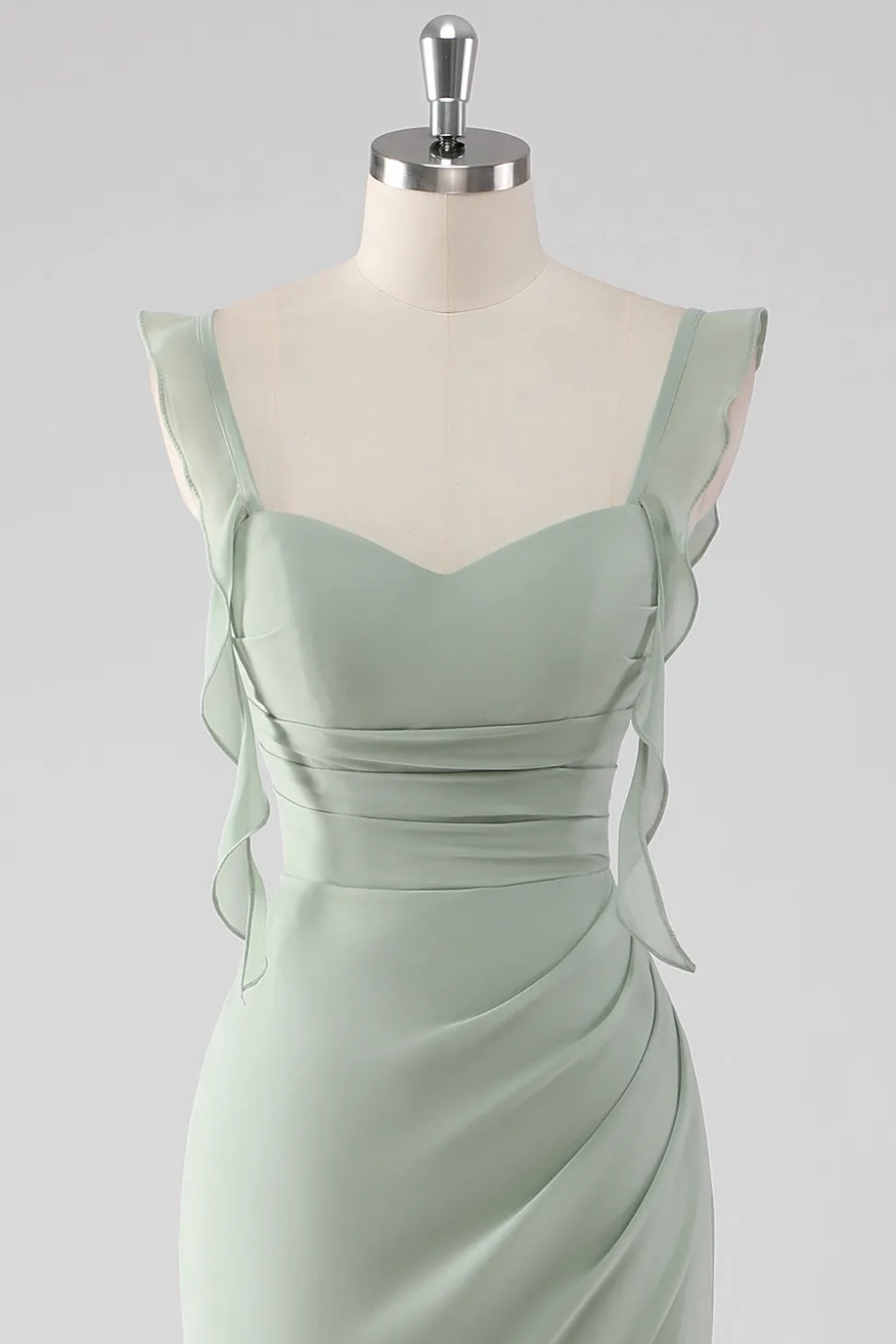 Sage Green Ruffled Bainha Lace-Up Back Long Vestido de Madrinha com Fenda