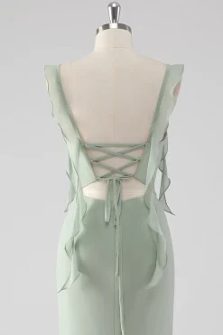 Sage Green Ruffled Bainha Lace-Up Back Long Vestido de Madrinha com Fenda