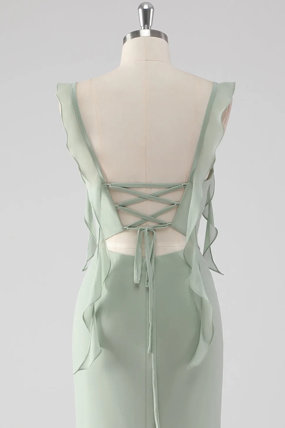 Sage Green Ruffled Bainha Lace-Up Back Long Vestido de Madrinha com Fenda