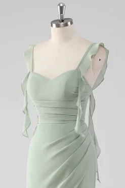 Sage Green Ruffled Bainha Lace-Up Back Long Vestido de Madrinha com Fenda