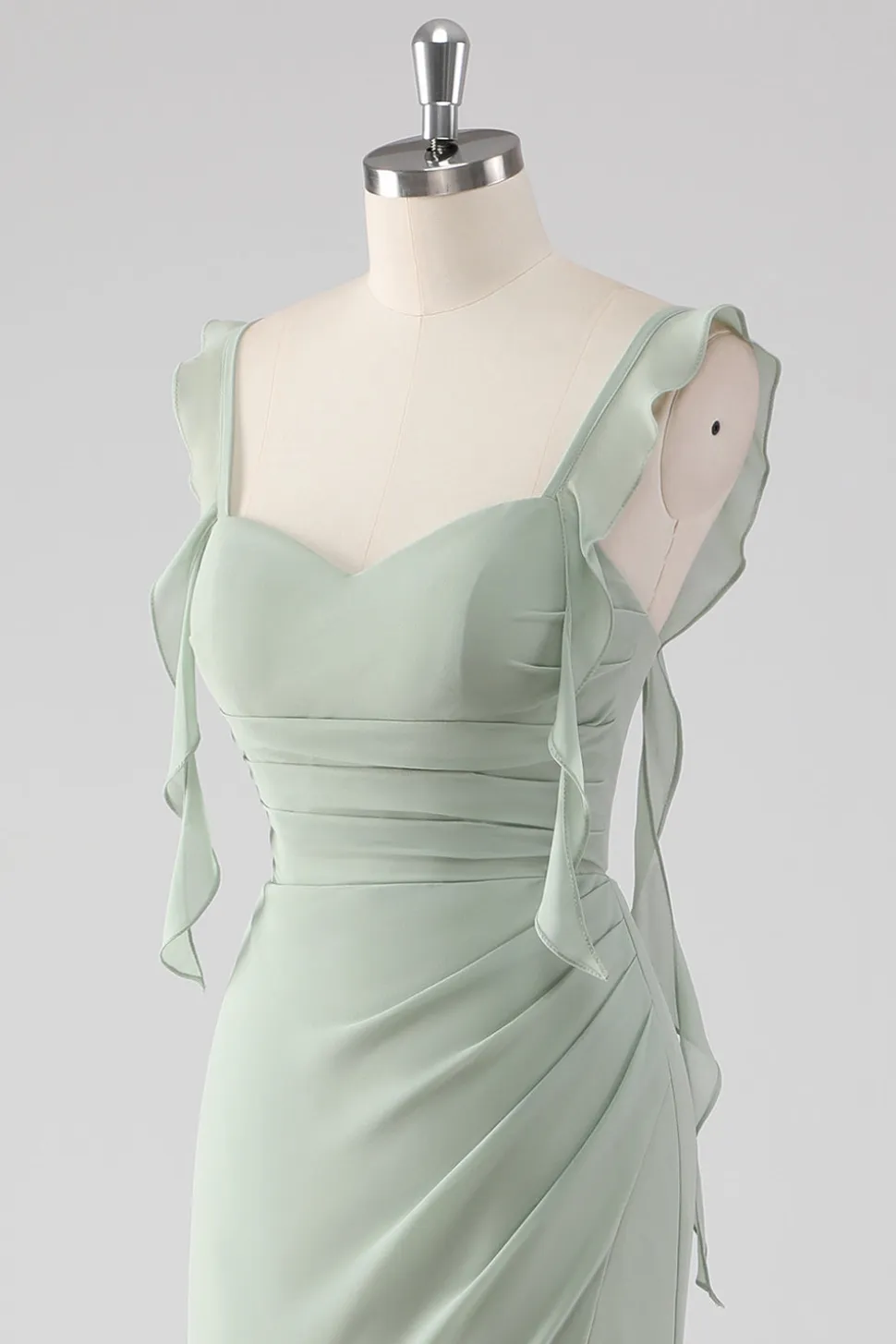 Sage Green Ruffled Bainha Lace-Up Back Long Vestido de Madrinha com Fenda