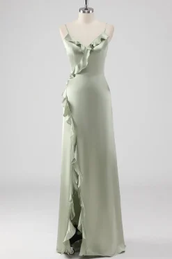 Sage Long Satin V Pescoço babado bainha vestido dama de honra