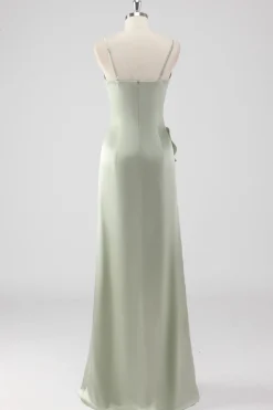 Sage Long Satin V Pescoço babado bainha vestido dama de honra