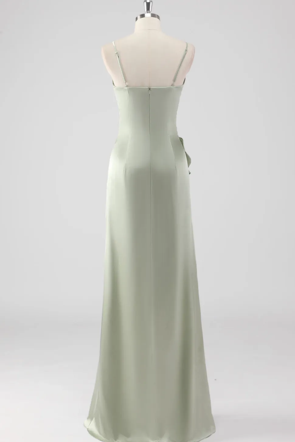 Sage Long Satin V Pescoço babado bainha vestido dama de honra