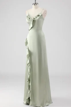 Sage Long Satin V Pescoço babado bainha vestido dama de honra