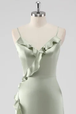 Sage Long Satin V Pescoço babado bainha vestido dama de honra
