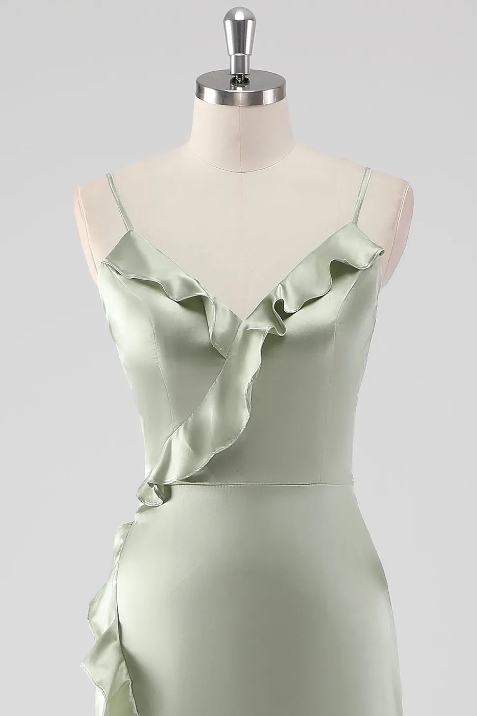Sage Long Satin V Pescoço babado bainha vestido dama de honra