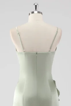 Sage Long Satin V Pescoço babado bainha vestido dama de honra