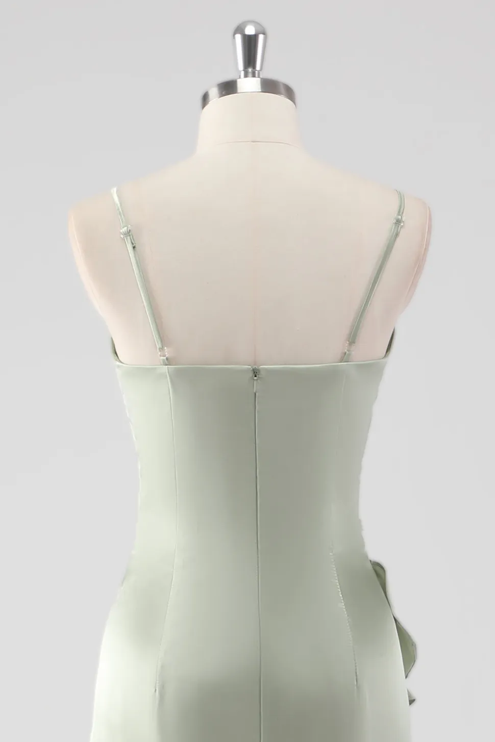 Sage Long Satin V Pescoço babado bainha vestido dama de honra
