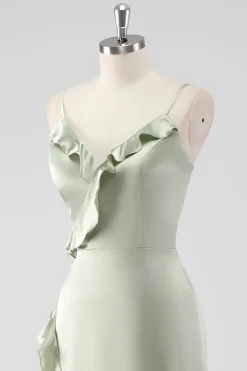 Sage Long Satin V Pescoço babado bainha vestido dama de honra