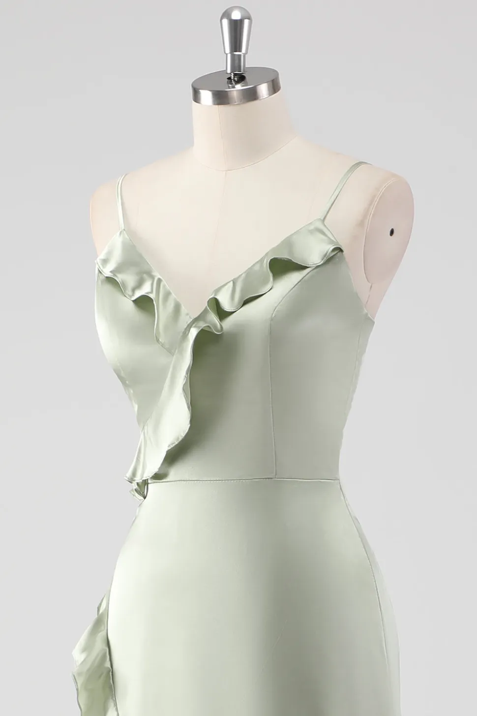 Sage Long Satin V Pescoço babado bainha vestido dama de honra