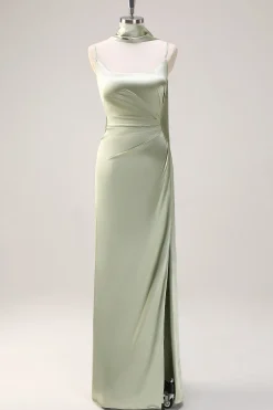 Sage Mermaid Ruched Long Ruched Streamer cetim vestido de dama de honra com fenda