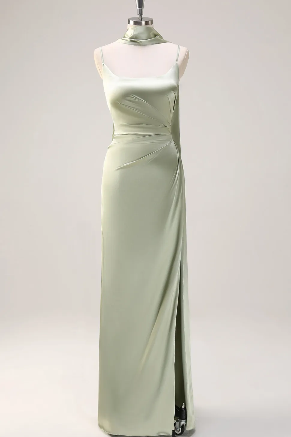 Sage Mermaid Ruched Long Ruched Streamer cetim vestido de dama de honra com fenda