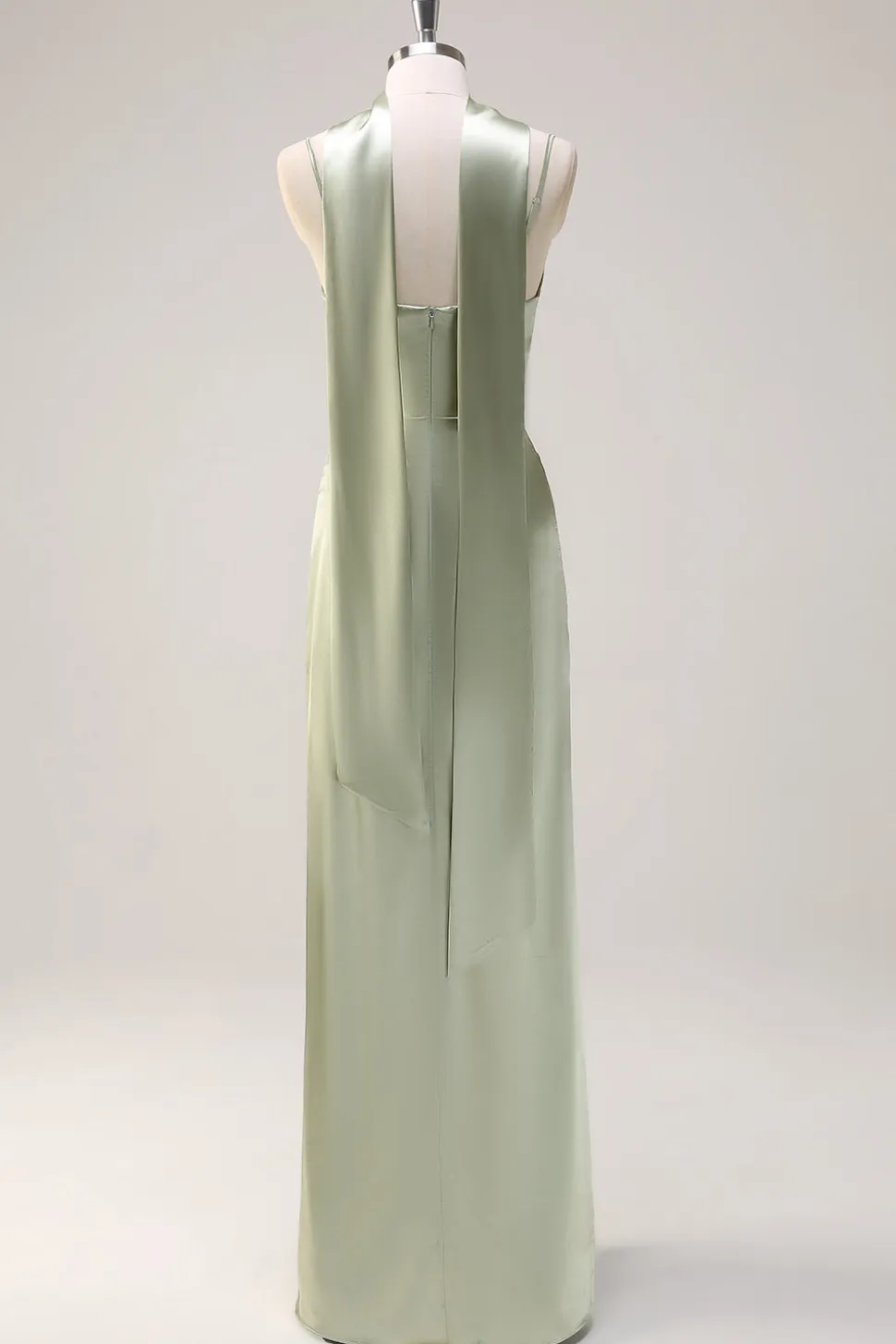 Sage Mermaid Ruched Long Ruched Streamer cetim vestido de dama de honra com fenda