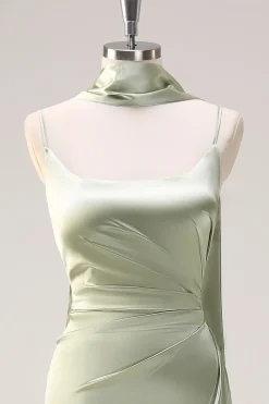 Sage Mermaid Ruched Long Ruched Streamer cetim vestido de dama de honra com fenda