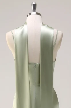 Sage Mermaid Ruched Long Ruched Streamer cetim vestido de dama de honra com fenda