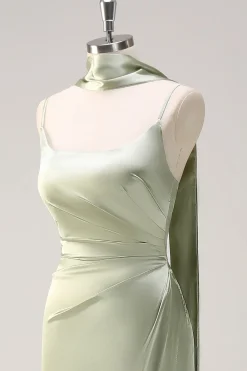 Sage Mermaid Ruched Long Ruched Streamer cetim vestido de dama de honra com fenda