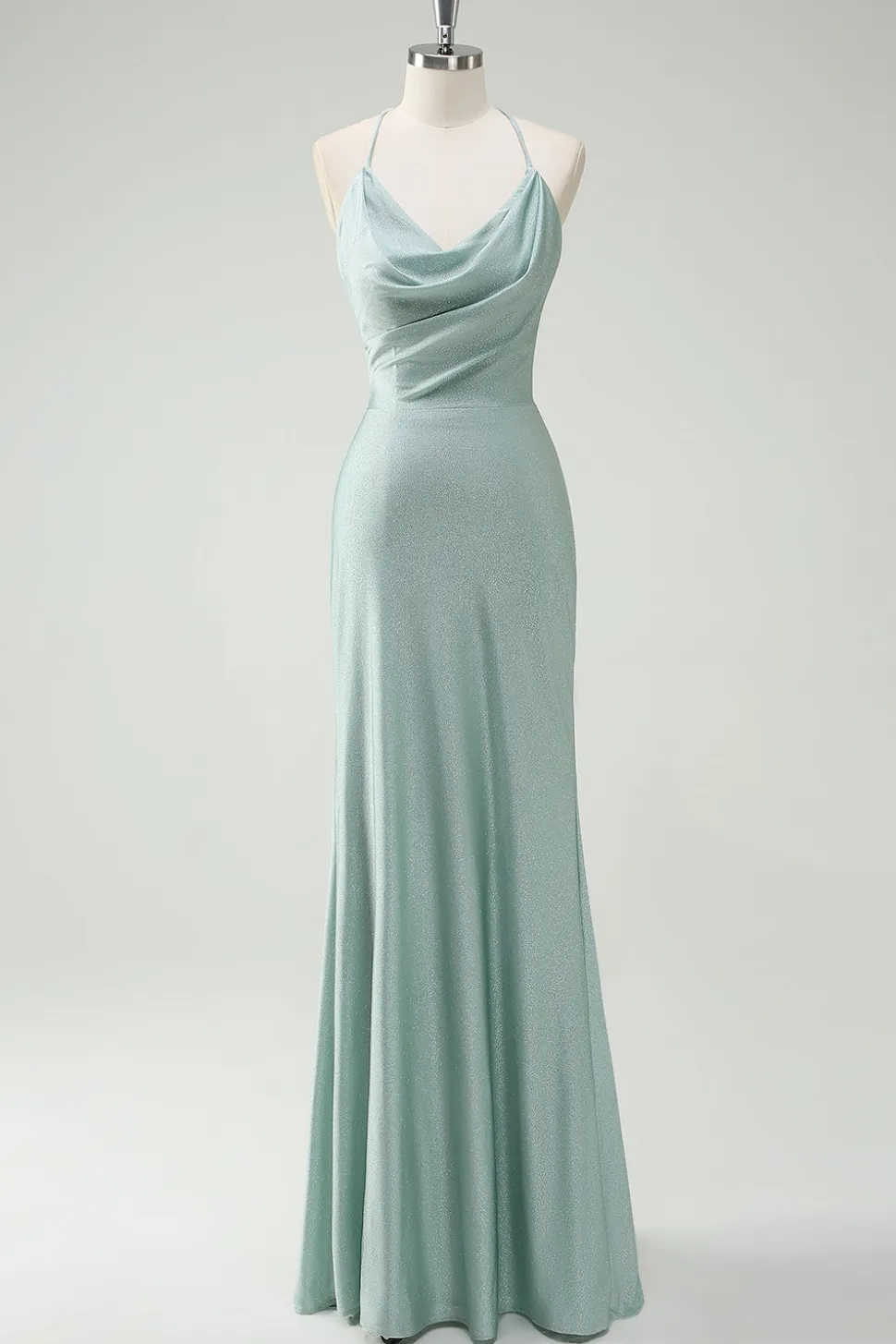 Sage Sereia Esparguete Alças Ruched Long Prom Dress com renda para trás