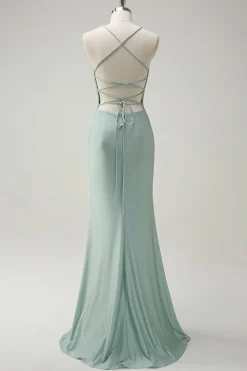 Sage Sereia Esparguete Alças Ruched Long Prom Dress com renda para trás