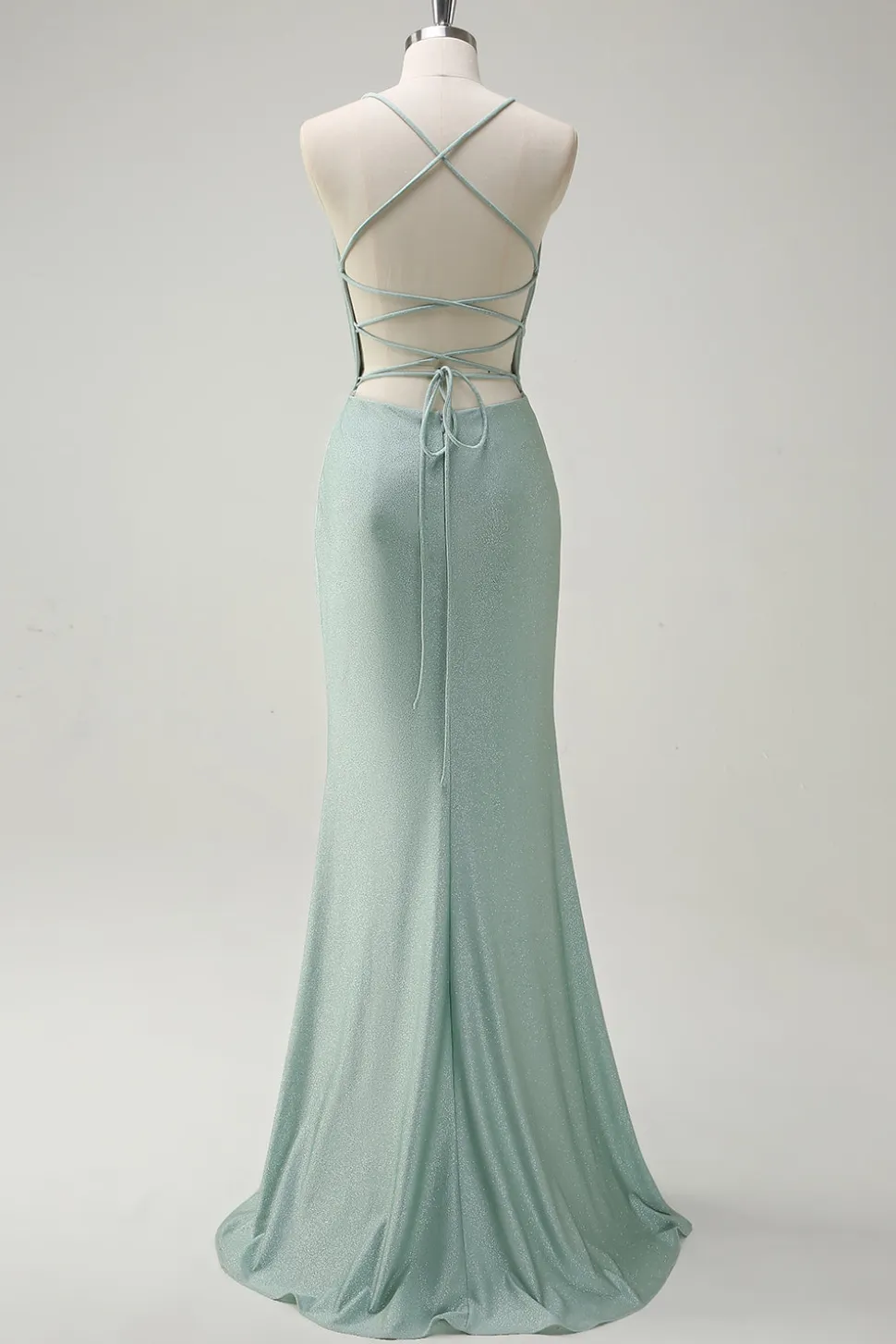 Sage Sereia Esparguete Alças Ruched Long Prom Dress com renda para trás