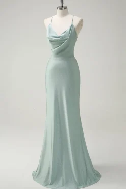 Sage Sereia Esparguete Alças Ruched Long Prom Dress com renda para trás