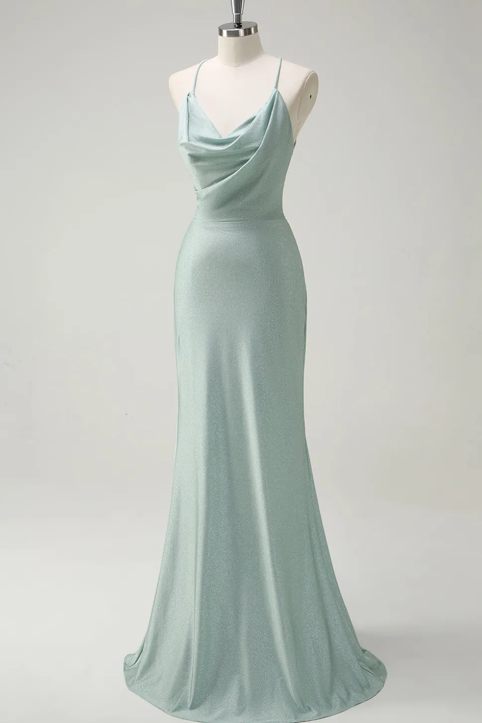 Sage Sereia Esparguete Alças Ruched Long Prom Dress com renda para trás