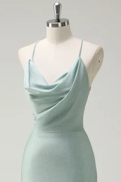 Sage Sereia Esparguete Alças Ruched Long Prom Dress com renda para trás