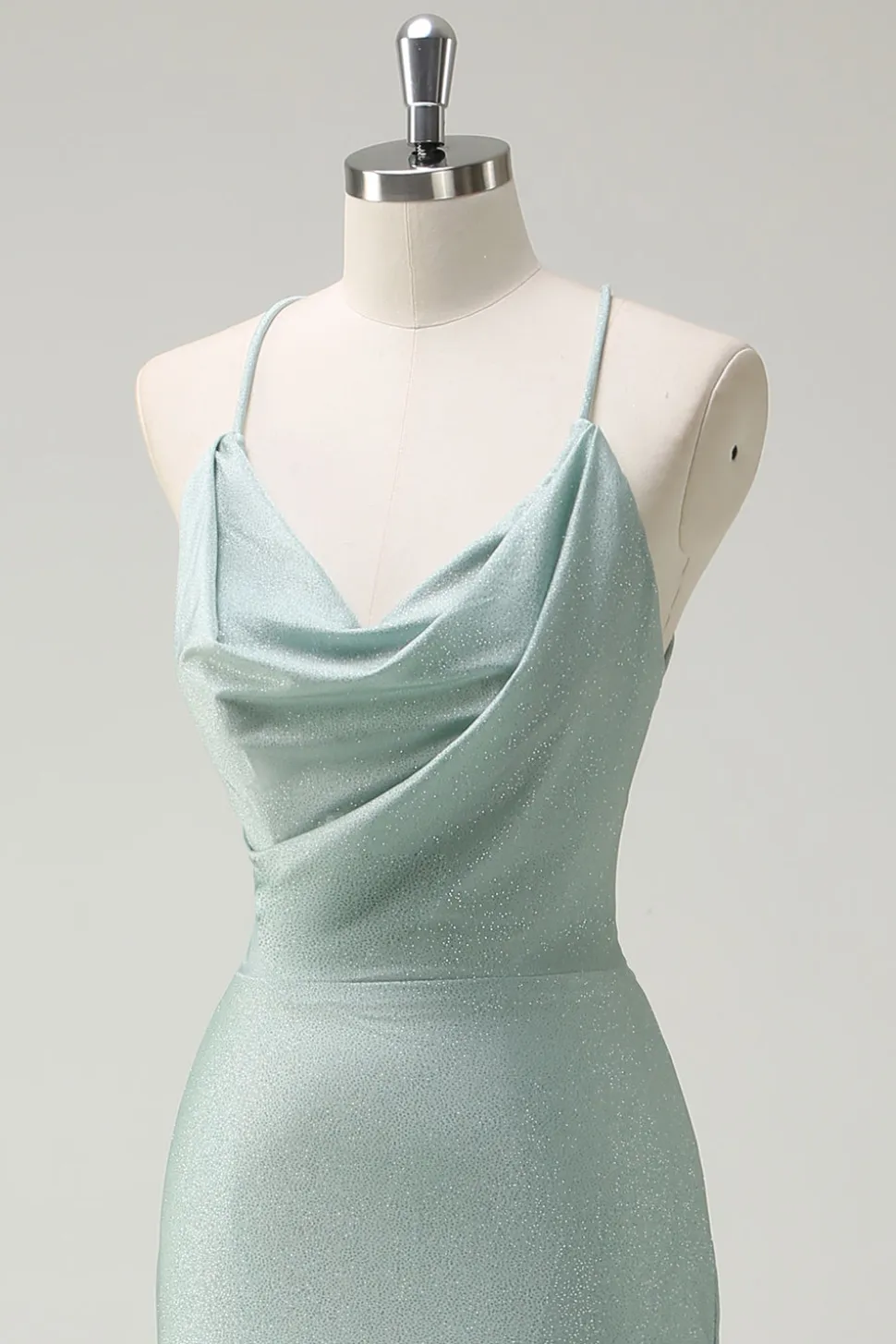 Sage Sereia Esparguete Alças Ruched Long Prom Dress com renda para trás