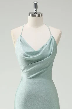 Sage Sereia Esparguete Alças Ruched Long Prom Dress com renda para trás