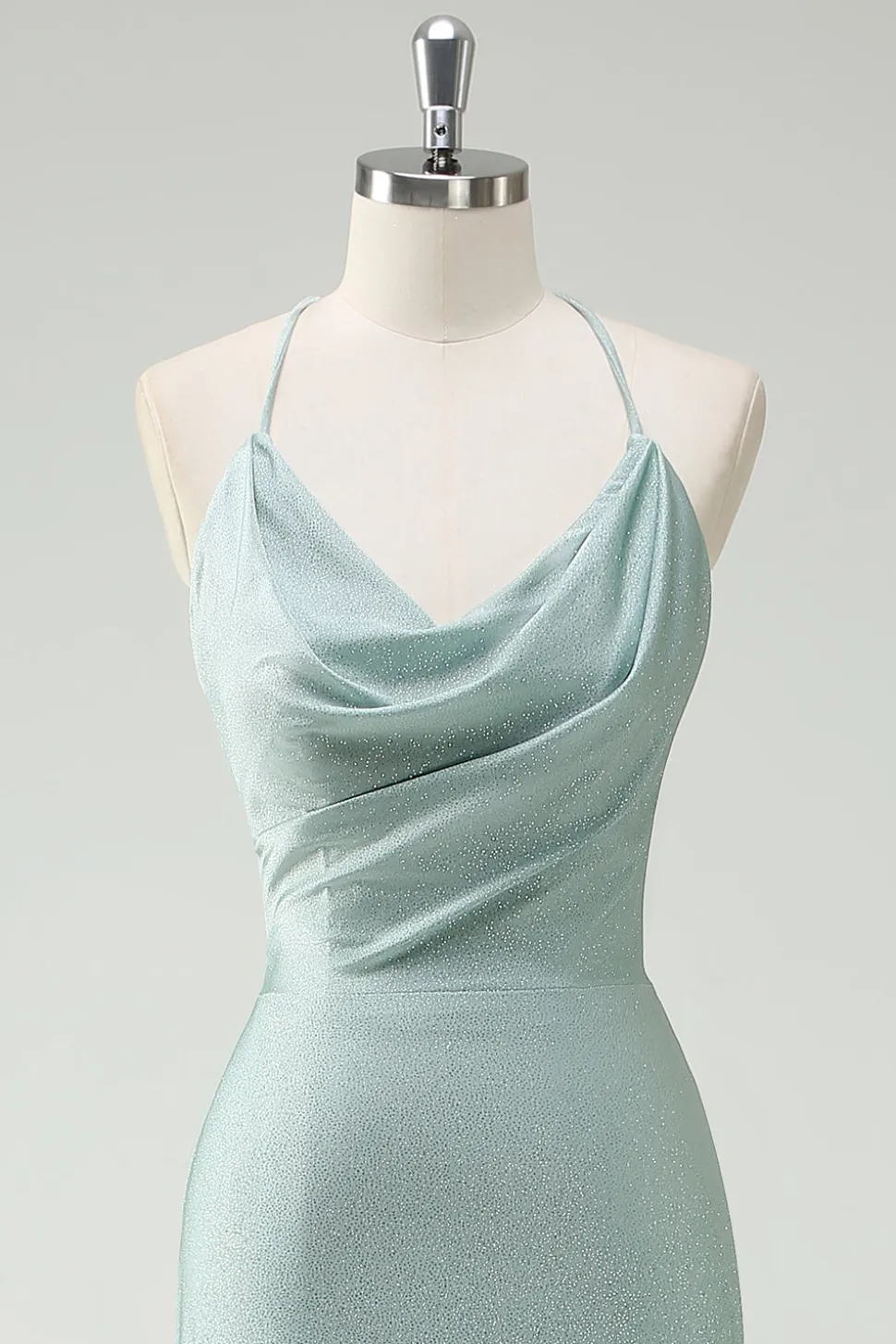 Sage Sereia Esparguete Alças Ruched Long Prom Dress com renda para trás