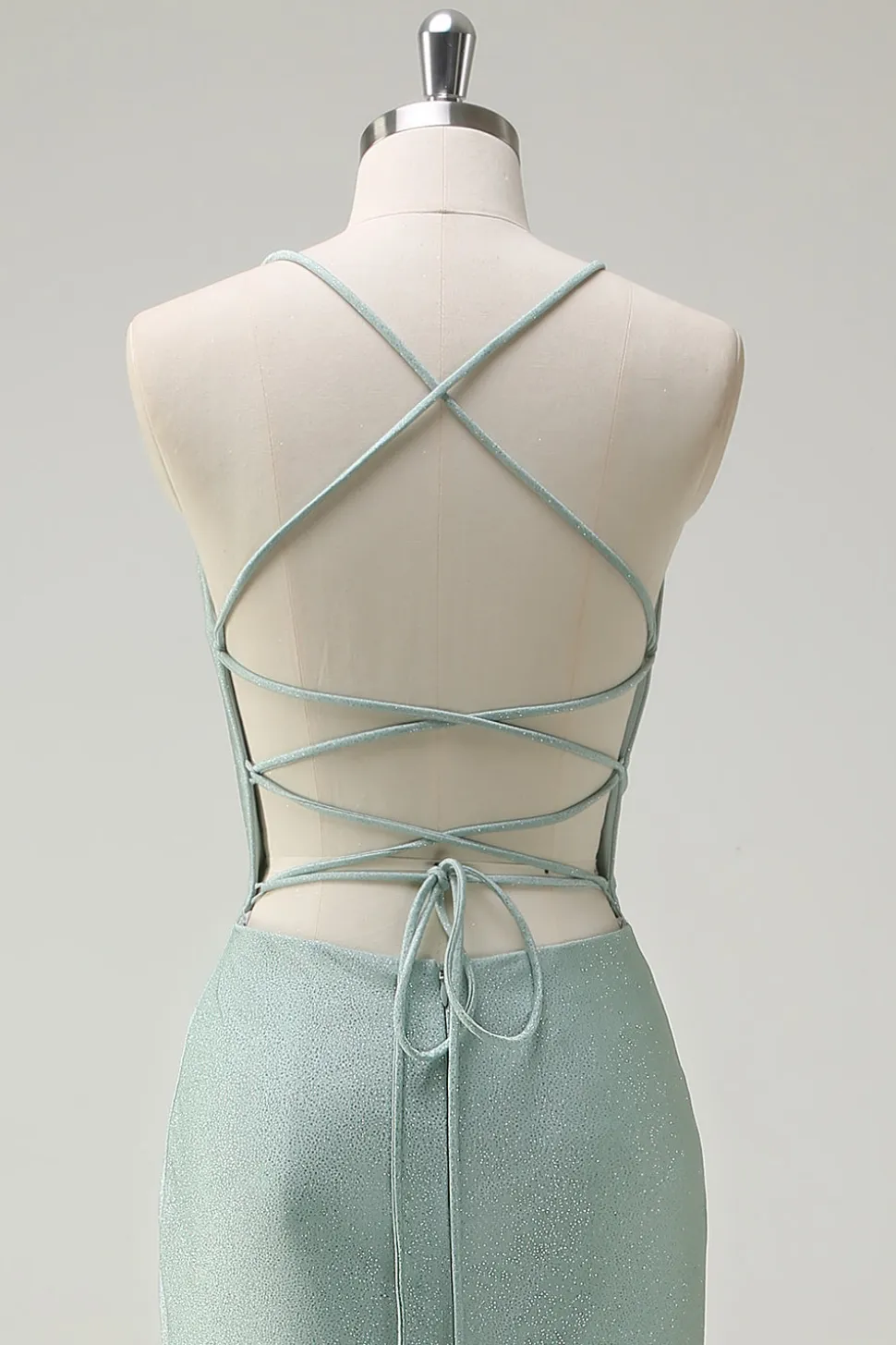 Sage Sereia Esparguete Alças Ruched Long Prom Dress com renda para trás