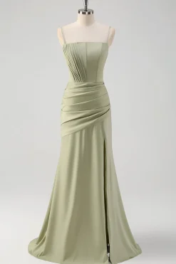 Sage Sereia Esparguete Correias Ruched Corset Long Prom Dress com Fenda
