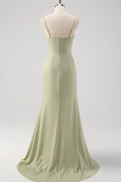 Sage Sereia Esparguete Correias Ruched Corset Long Prom Dress com Fenda