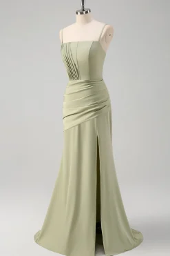 Sage Sereia Esparguete Correias Ruched Corset Long Prom Dress com Fenda