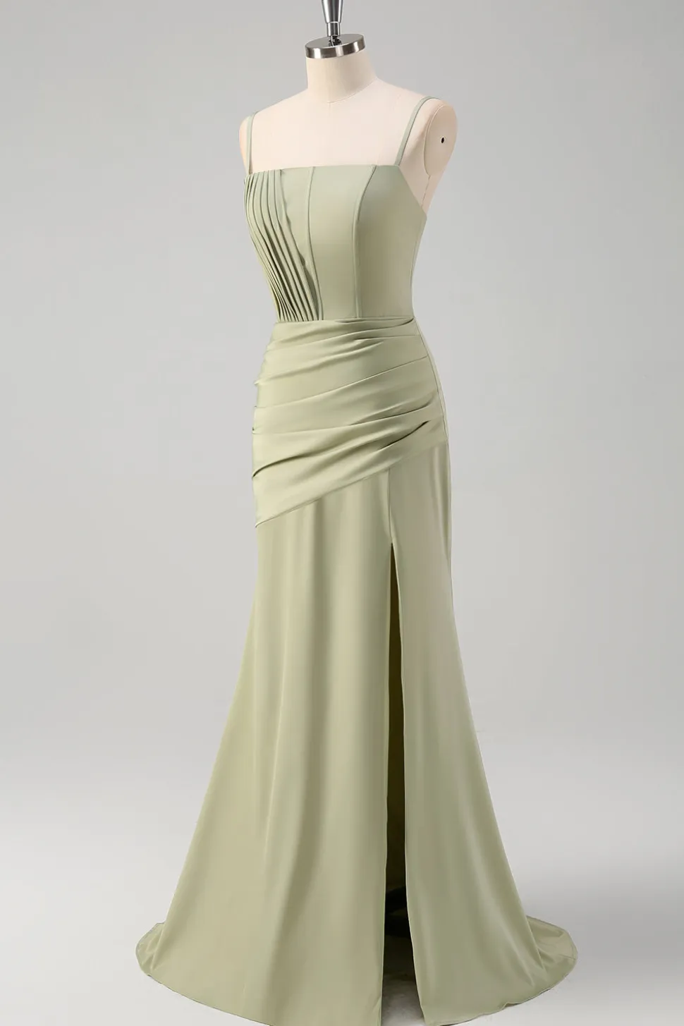 Sage Sereia Esparguete Correias Ruched Corset Long Prom Dress com Fenda