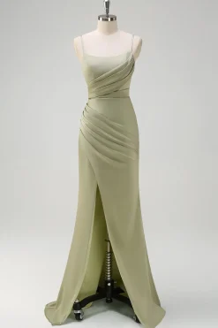 Sage Sereia Esparguete Correias Ruched Cetim Vestido Madrinha com Fenda