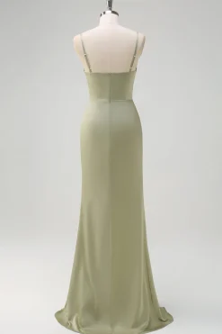 Sage Sereia Esparguete Correias Ruched Cetim Vestido Madrinha com Fenda