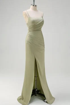 Sage Sereia Esparguete Correias Ruched Cetim Vestido Madrinha com Fenda