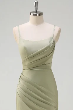 Sage Sereia Esparguete Correias Ruched Cetim Vestido Madrinha com Fenda