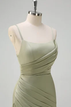 Sage Sereia Esparguete Correias Ruched Cetim Vestido Madrinha com Fenda