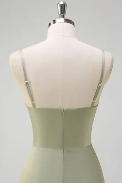 Sage Sereia Esparguete Correias Ruched Cetim Vestido Madrinha com Fenda