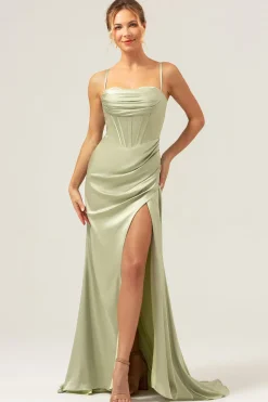 Sage Sereia Esparguete Correias Corset Cetim Vestido Madrinha com Fenda