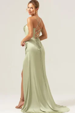 Sage Sereia Esparguete Correias Corset Cetim Vestido Madrinha com Fenda