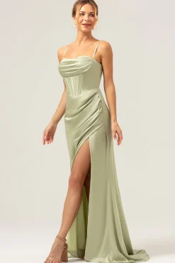 Sage Sereia Esparguete Correias Corset Cetim Vestido Madrinha com Fenda