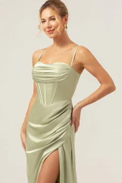 Sage Sereia Esparguete Correias Corset Cetim Vestido Madrinha com Fenda