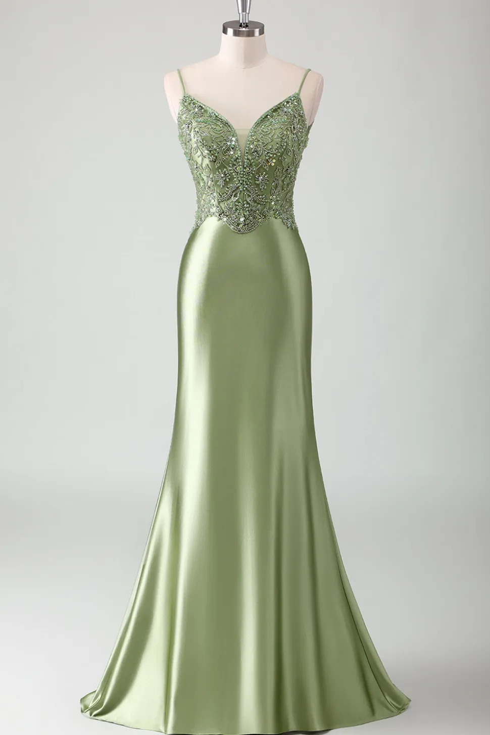 Sage Sereia Esparguete Correias Longo Vestido de Baile Com Sequins
