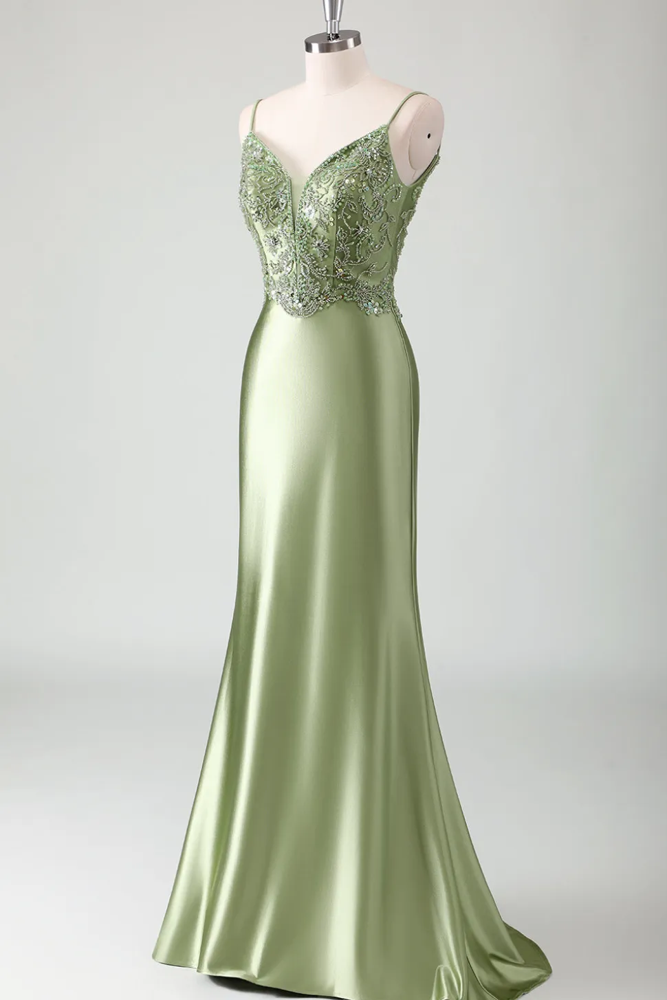 Sage Sereia Esparguete Correias Longo Vestido de Baile Com Sequins