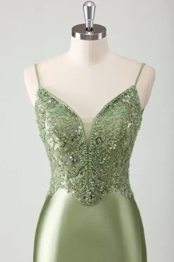 Sage Sereia Esparguete Correias Longo Vestido de Baile Com Sequins