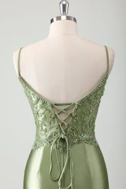 Sage Sereia Esparguete Correias Longo Vestido de Baile Com Sequins