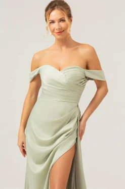 Sage Sereia Fora do Ombro Plissado Cetim Vestido Madrinha com Fenda